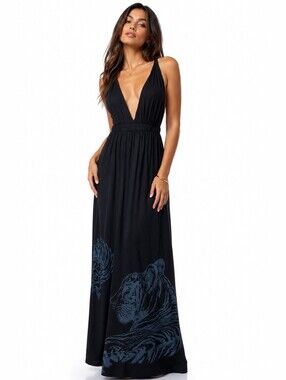 Black Plunging V Maxi Dress with Tiger Hem Detail